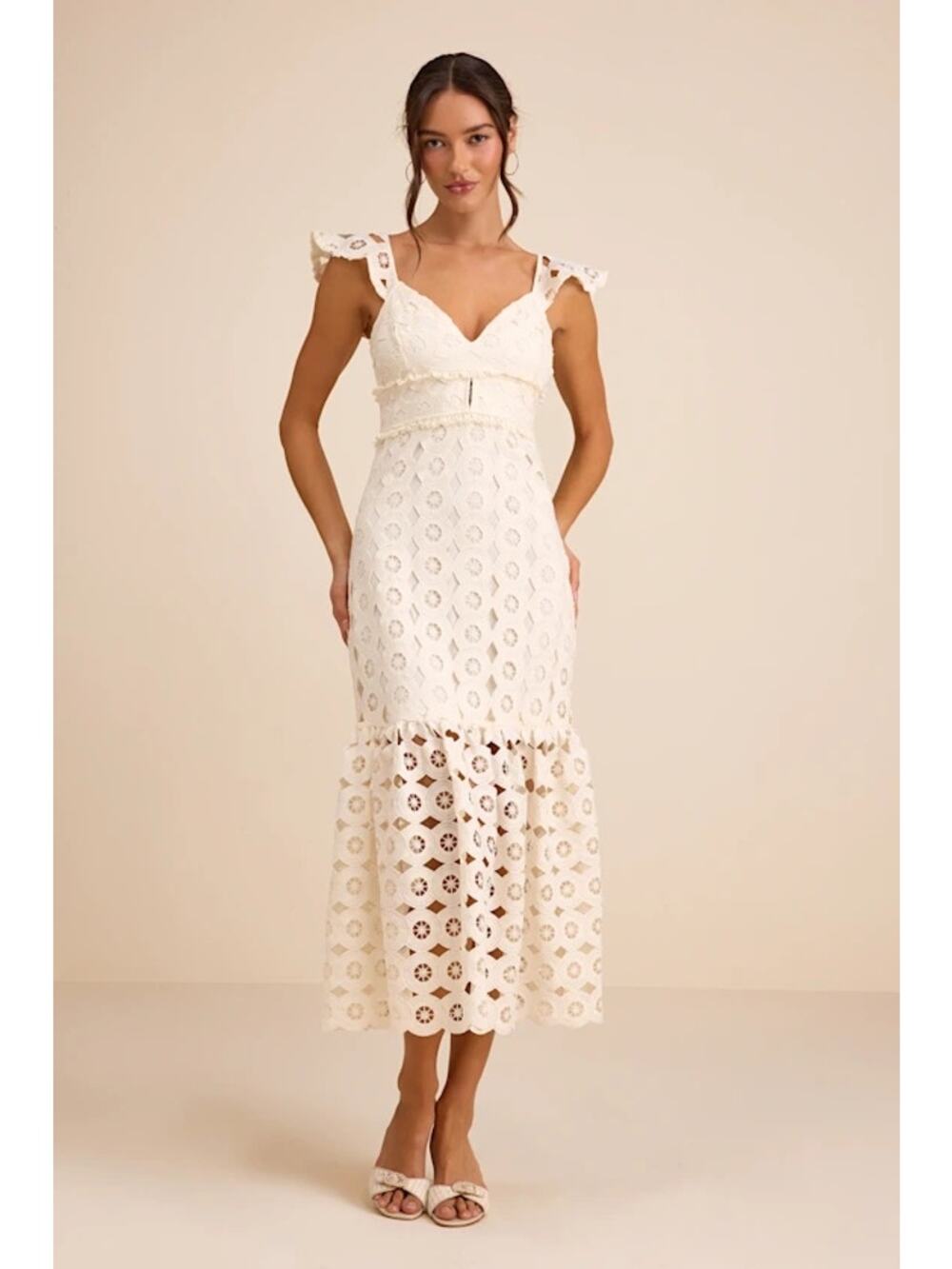 NWOT Just Me Adalyn Cream Crochet Lace Trumpet Midi Dress M - Picture 1 of 4